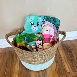 Children’s kids easter basket lot Care Bears legos bubbles  lotion bag hair tie